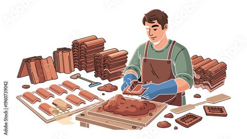 Crafting Tiles: A craftsman meticulously shapes and forms tiles in a traditional pottery studio, showcasing the artistry and skill of handmade production.