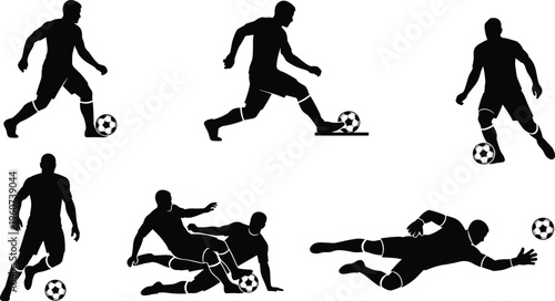 Soccer Player Silhouette Action Set with Dribbling Running Tackling and Goalkeeper Dive Poses Football Sport Vector Collection