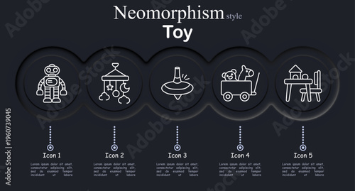 Toy set icon. Neomorphic circular interface line icons with robot toy figure, baby crib mobile stars, spinning top toy, wagon cart toys, children table chair playset.