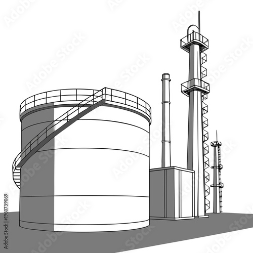 Industrial facility with large cylindrical storage tank and tall smokestack