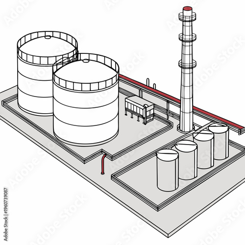 An industrial facility with large storage tanks and a smokestack on a gray platform with red accents and pipes