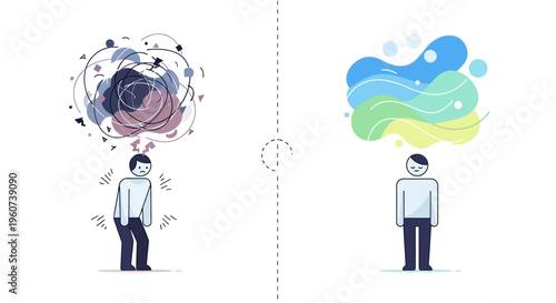Illustrating the Transformation from Confused Stress to Calm Clarity Embracing Mental Well-being and Emotional Peace