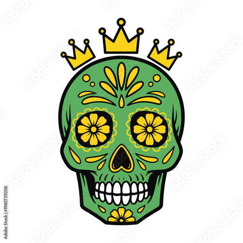 A vibrant green sugar skull adorned with yellow flowers and three golden crowns, celebrating day of the dead