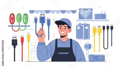 Digital Repair Technician: A skilled technician, surrounded by various digital components, meticulously examines a charging cable, showcasing their expertise in the realm of modern technology