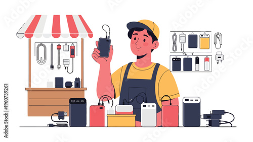 Tech vendor's display: A vendor presents an array of tech products and accessories, showcasing modern solutions.