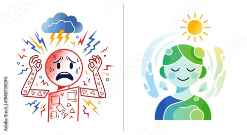 Visualizing the stark contrast between overwhelming stress and tranquil serenity, depicting the journey towards mental well-being and emotional calm