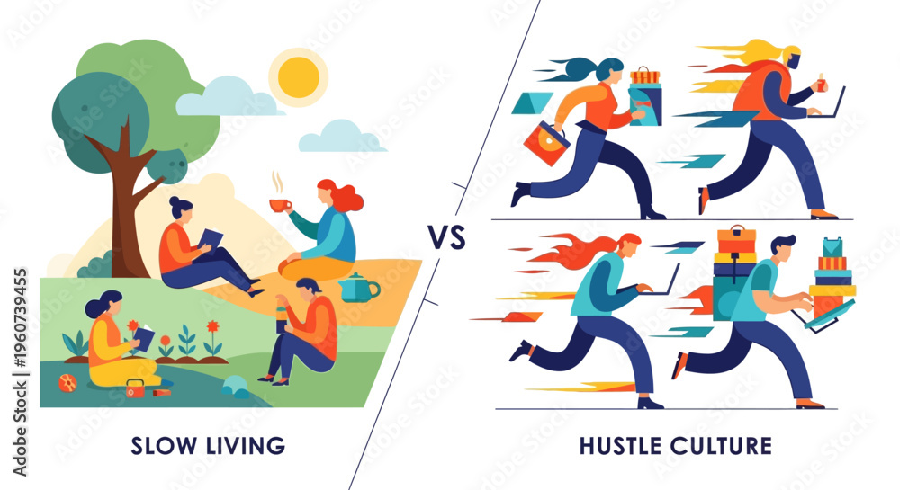 Fototapeta premium Balancing Serenity and Ambition Illustrating the Contrast Between Mindful Living and Fast-Paced Productivity