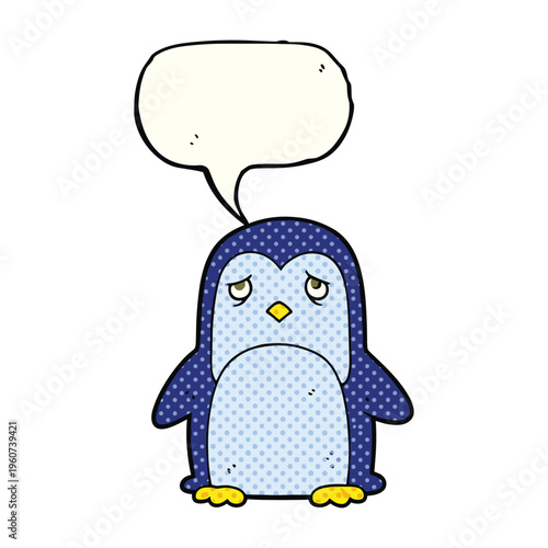 Sad little blue penguin with a speech bubble, pondering its existence or perhaps a missed fish