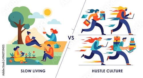 Balancing Serenity and Ambition Illustrating the Contrast Between Mindful Living and Fast-Paced Productivity