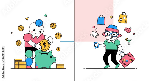 Financial planning concept a character saving money in a piggy bank contrasted with another engaging in spending for shopping and travel experiences