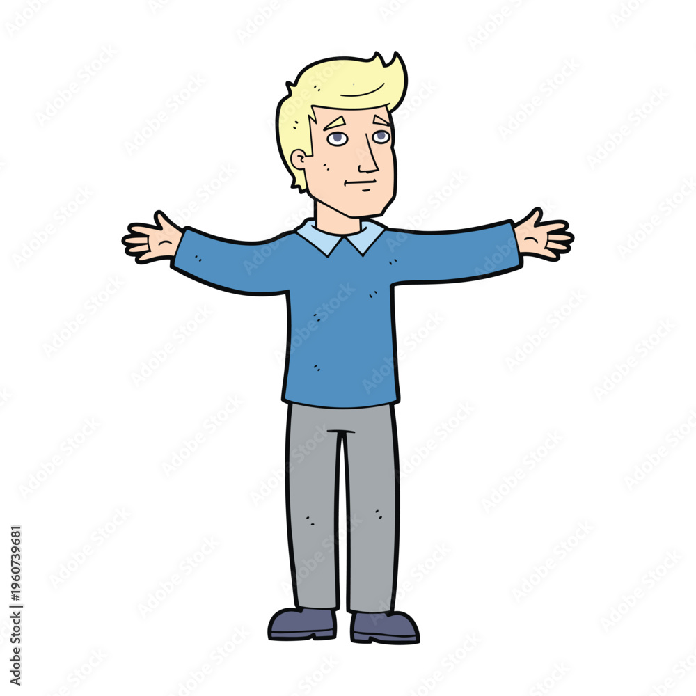 Obraz premium A cartoon drawing of a man with blonde hair and a blue shirt, standing with his arms outstretched