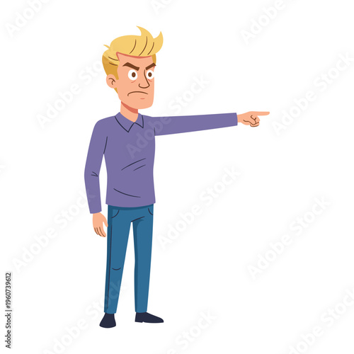 An angry young man with blonde hair and a purple shirt pointing his finger to the right, looking frustrated