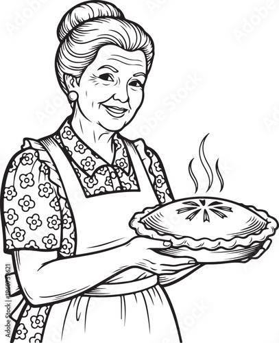 Happy Woman Holding Freshly Baked Pie – Vintage Kitchen Cooking Illustration. 