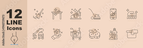 Cleaning service and housekeeping line icons set with broom, table cleaning, floor washing, polisher, mobile cleaning app, brush, vacuum machine, home care, cleaning cart, sponge, detergent bottle