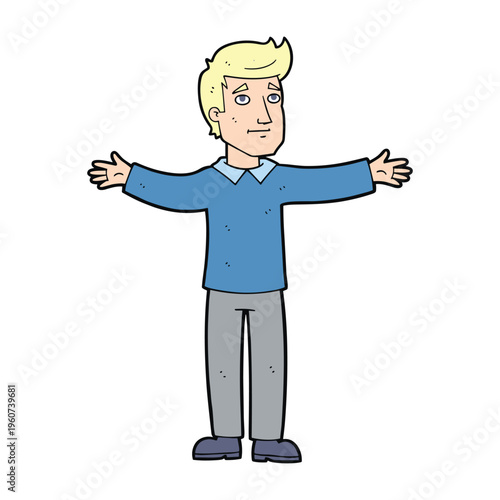 A cartoon drawing of a man with blonde hair and a blue shirt, standing with his arms outstretched
