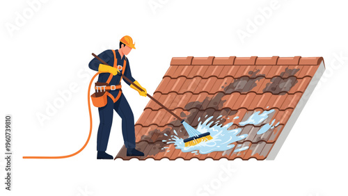 Roof Cleaning Professional: An expert cleaner meticulously works on a tile roof, eliminating dirt and grime with a power washer, demonstrating effective maintenance and ensuring the roof's durability.