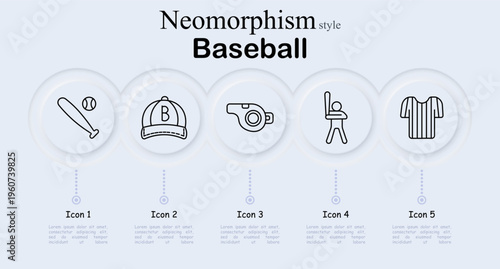 Baseball equipment set icon. Bat and ball, team cap, referee whistle, batter hitter, striped jersey uniform, professional sport gear, stadium competition, athletic league.