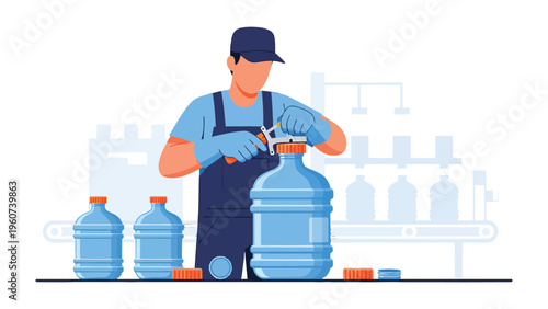 Bottled Water Production: A worker carefully seals a large water bottle on a production line, symbolizing the process of clean and fresh bottled water ready for consumers.