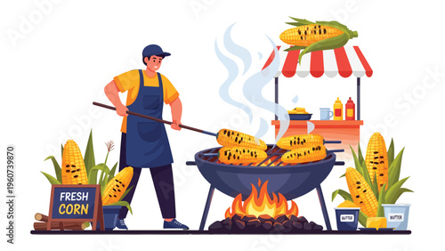 Corn Roast: Capturing the essence of a traditional corn roast with a vendor diligently tending to the grilling process. Displaying the art of culinary passion, with corn and grill as central subjects.