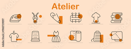 Atelier set icon. Line symbols depict sewing machine, zipper, safety pin, pin cushion, mannequin, fabric stack, t-shirt, thimble, dress, textile roll, thread spool, cutting pattern
