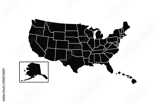 Black and white USA map with Alaska inset box united states america