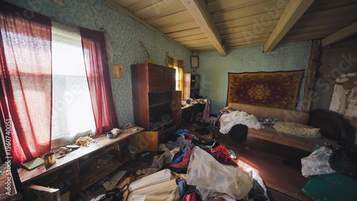 Fotografi Abandoned messy room showing clutter, neglect and disorganization in a forgotten