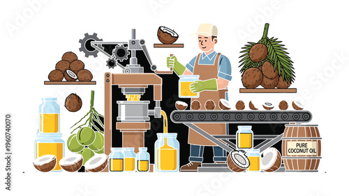Coconut Oil Extraction: An artisan meticulously oversees the process of coconut oil extraction within a quaint, illustration setting, surrounded by the bounty of coconuts, bottles of the oil.