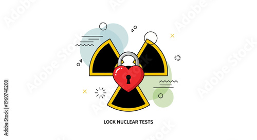 Heart padlock securing a nuclear radiation symbol, advocating for peace, disarmament, and preventing atomic tests globally