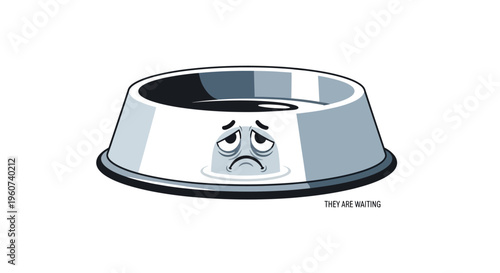 Sad empty pet food bowl with a distressed face illustration representing hunger and neglect
