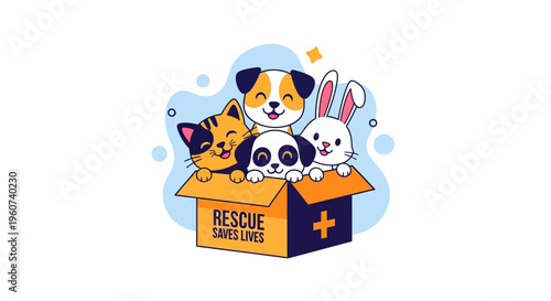 Cute rescue animals in a box, dog, cat and rabbit, emphasizing the importance of animal adoption and the joy of pets