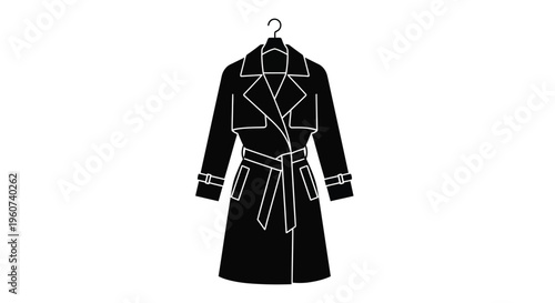 A black silhouette of a classic trench coat hanging on a hanger