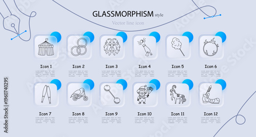 Circus show performance entertainment set icon. Line symbols with circus tent, rings performance, lion head, spotlight cannon, cotton candy, flaming hoop, juggling clubs, stunt motorcycle