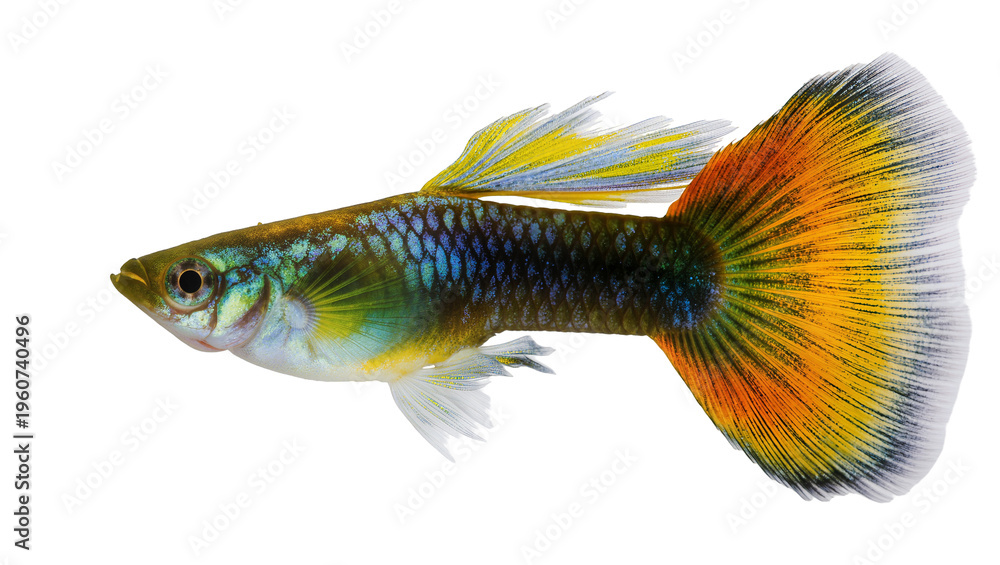 Fototapeta premium Vibrant male guppy fish displaying iridescent blue green yellow and orange scales, isolated on transparent background for aquatic design elements