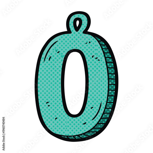 A cartoon illustration of the number zero as a keyring or charm, featuring a teal color with comic book style dot shading