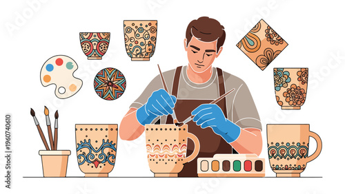 Artisan Crafting Ceramic Masterpieces: A skilled artisan, absorbed in the creative process, meticulously paints intricate designs on a ceramic mug, surrounded by his tools and other finished pieces.
