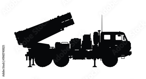 Military truck with missile launcher depicted in a dark silhouette