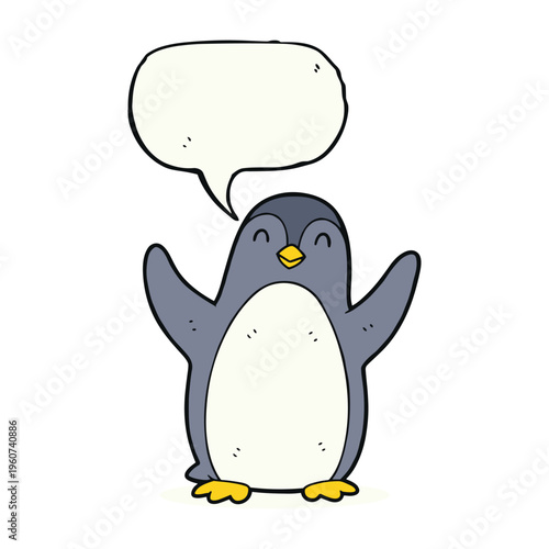 A happy cartoon penguin with outstretched flippers and a blank speech bubble above its head, ready for a message