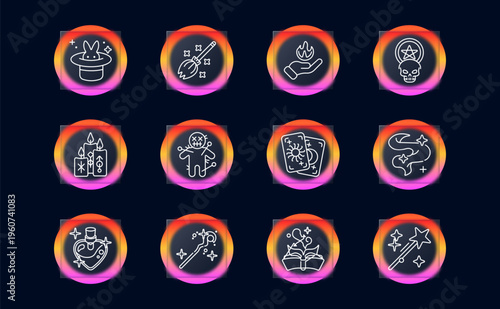 Magic set icon. Hat rabbit, broom, flame hand, skull pentagram, ritual candle, voodoo doll, tarot card, mystical swirl, potion heart bottle, wand, spellbook, star wand, witchcraft, sorcery