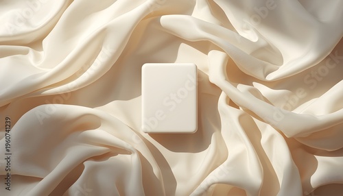 Minimalist white soap bar resting on soft crumpled beige bedsheet with natural sunlight creating gentle shadows
