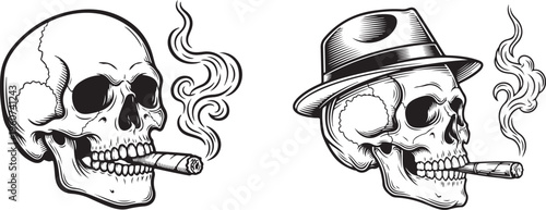 Two smoking skulls with distinctive styles and accessories. 