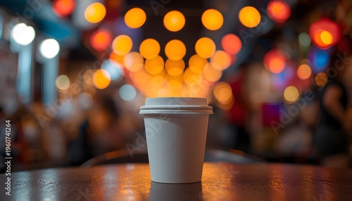 Takeaway coffee cup on wooden table in warm bokeh cafe lighting with blurred background