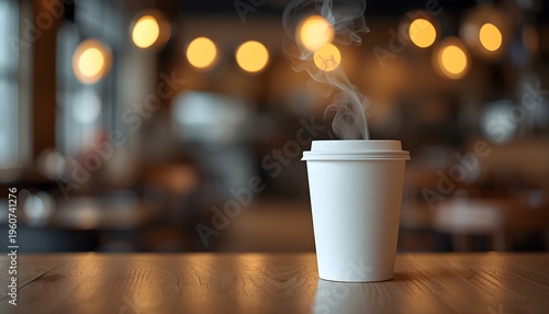 Steaming Hot Coffee Cup on Wooden Table in Cozy Café with Warm Ambient Lighting