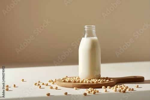 Fresh Glass Bottle Of Milk With Soybeans And Vanilla Pod On Minimalist White Surface