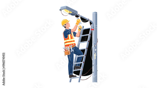 The Lighting Specialist: An electrician expertly ascends a ladder, meticulously installing a street lamp, embodying the essence of functionality and precision in their craft.