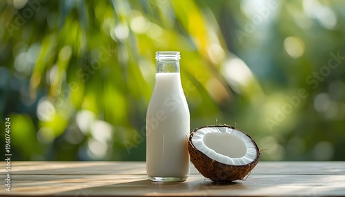 Fresh coconut milk bottle and split coconut on wooden table with tropical green foliage background