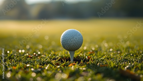 Golf ball on tee ready for swing in lush green golf course with morning sunlight and shallow depth of field