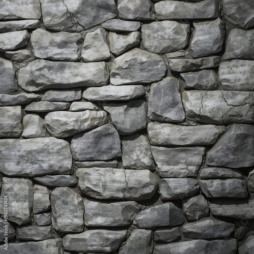 Close-up view of ancient stone wall texture with weathered rocks and natural gray tones in monochrome