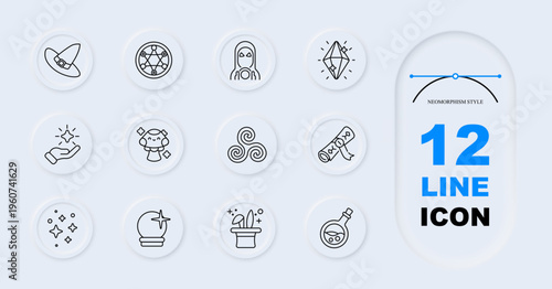 Fantasy magic set icon. Line style icons display witch hat, magic circle, hooded figure, crystal, glowing hand, fairy, spiral symbol, telescope wand, sparkles, crystal ball, magician hat, potion flask