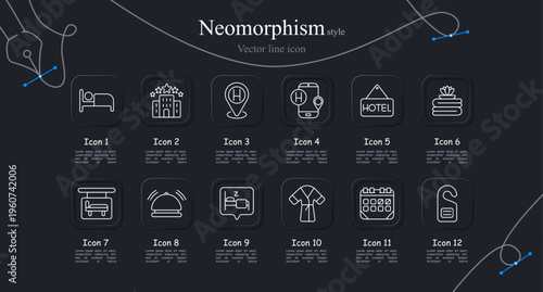 Hotel service set icon. Bed sleep, luxury building, location marker, smartphone booking, hotel sign, spa stones, room service, reception bell, sleep notification, bathrobe clothing