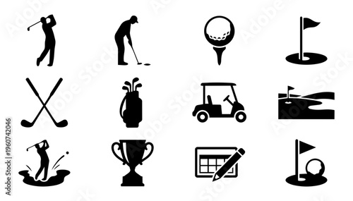 Golf Club Silhouette Icons Set – Golfer Swing, Equipment, Course Elements and Tournament Collection